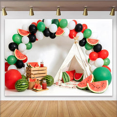 Lofaris Wassermelonen-Geburtstagshintergrund mit bunten Luftballons und Zelt, fröhliche Sommerparty Fotowand für Kinderfotos