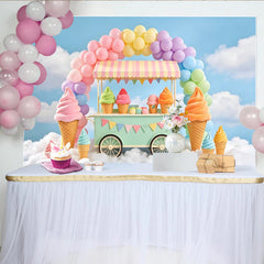 Lofaris Pastellfarbener Eiswagen Hintergrund mit Regenbogenballons und Wolken, süße Fotokulisse für Kindergeburtstag und Fotoshooting