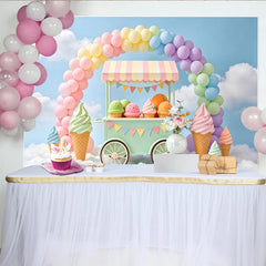 Lofaris Pastellfarbener Eiswagen Regenbogen Fotohintergrund für Kinderparty, süße Kulisse mit Luftballons und Wolken für Fotoshooting