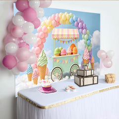Lofaris Pastellfarbener Eiswagen Regenbogen Fotohintergrund für Kinderparty, süße Kulisse mit Luftballons und Wolken für Fotoshooting