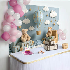 Lofaris Hellblauer Teddybär Heißluftballon Babyparty Hintergrund mit Wolken und Sternen, verträumte Kulisse für Babyparty Dekoration