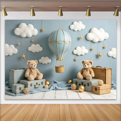 Lofaris Hellblauer Teddybär Heißluftballon Babyparty Hintergrund mit Wolken und Sternen, verträumte Kulisse für Babyparty Dekoration