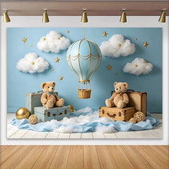 Lofaris Hellblauer Heißluftballon Babyparty Hintergrund mit Wolken Sternen, niedliche Teddybären Kulisse für Fotoshooting Babyzimmer Dekoration