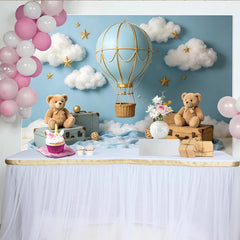 Lofaris Hellblauer Heißluftballon Babyparty Hintergrund mit Wolken und Sternen, verträumte Fotokulisse für Neugeborenen-Fotoshooting