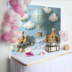 Lofaris Hellblauer Heißluftballon Babyparty Hintergrund mit Wolken und Sternen, verträumte Fotokulisse für Neugeborenen-Fotoshooting
