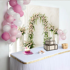 Lofaris Eleganter weißer Blumenbogen Fotohintergrund mit rosa Rosen und Grün, romantische Kulisse für Hochzeiten, Events und Fotoshootings