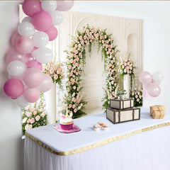 Lofaris Eleganter Blumenbogen Hochzeitsfotohintergrund mit rosa Rosen, romantische Kulisse für Verlobung und Fotoshooting