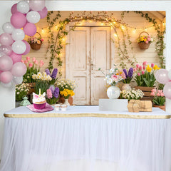 Lofaris Rustikaler Frühlingsgarten-Hintergrund mit bunten Blumen und Lichterkette, charmante Fotokulisse für Frühlingsfotoshootings