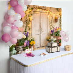 Lofaris Rustikaler Frühlingsgarten-Hintergrund mit bunten Blumen und Lichterkette, charmante Fotokulisse für Frühlingsfotoshootings