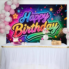 Lofaris Leuchtender Happy Birthday Neon-Hintergrund mit bunten Sternen, farbenfrohe Ziegelwand-Fotokulisse für Partydekoration
