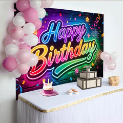 Lofaris Leuchtender Happy Birthday Neon-Hintergrund mit bunten Sternen, farbenfrohe Ziegelwand-Fotokulisse für Partydekoration