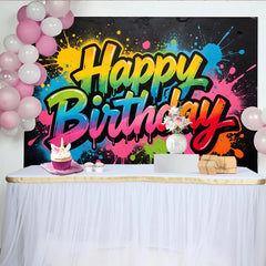 Lofaris Lebendiger Graffiti Happy Birthday Hintergrund mit bunten Farbspritzern, coole Fotowand für Geburtstagsparty und Fotoshooting