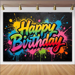 Lofaris Lebendiger Graffiti Happy Birthday Hintergrund mit bunten Farbspritzern, coole Fotowand für Geburtstagsparty und Fotoshooting