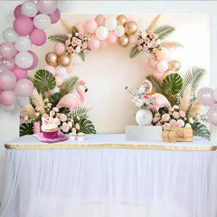 Lofaris Rosa Flamingo Babyparty Hintergrund mit goldenen Ballons, tropische Fotokulisse für Feiern, Events und professionelle Fotoshootings