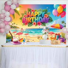 Lofaris Bunter tropischer Flamingo Geburtstagshintergrund mit Happy Birthday Schriftzug, lebendige Strandparty Kulisse für Fotoshooting