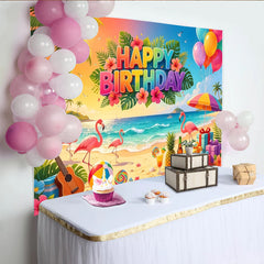 Lofaris Bunter tropischer Flamingo Geburtstagshintergrund mit Happy Birthday Schriftzug, lebendige Strandparty Kulisse für Fotoshooting