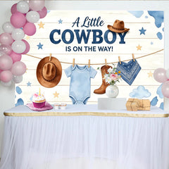 Lofaris Blauer Cowboy Babyparty Hintergrund für Jungen mit Stiefeln und Hut, rustikale Holzoptik Kulisse für Baby Shower Dekoration
