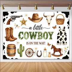 Lofaris Rustikaler Cowboy Babyparty Hintergrund mit Kuhflecken, Stiefeln und Kaktus für Jungen, als charmante Fotowand für Babyparty-Feiern