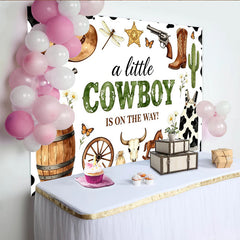 Lofaris Rustikaler Cowboy Babyparty Hintergrund für Jungen mit Hut Stiefeln Kaktus, Kuhfleckenmuster Fotowand, Western-Kulisse für Baby Shower