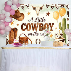 Lofaris Rustikaler Cowboy Babyparty Hintergrund für Jungen, charmante Kulisse mit Stiefeln, Kaktus und Kuchen für Fotoshootings