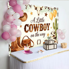 Lofaris Rustikaler Cowboy Babyparty Hintergrund für Jungen, charmante Kulisse mit Stiefeln, Kaktus und Kuchen für Fotoshootings