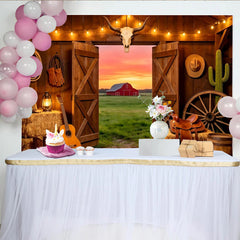 Lofaris Rustikaler Western-Fotohintergrund mit Scheune und Sonnenuntergang, Cowboy-Ranch-Kulisse für professionelle Fotoshootings und Events