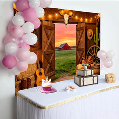 Lofaris Rustikaler Western-Fotohintergrund mit Scheune und Sonnenuntergang, Cowboy-Ranch-Kulisse für professionelle Fotoshootings und Events