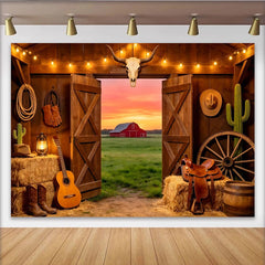Lofaris Rustikaler Western-Fotohintergrund mit Scheune und Sonnenuntergang, Cowboy-Ranch-Kulisse für professionelle Fotoshootings und Events