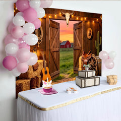 Lofaris Rustikaler Western-Hintergrund mit Scheunentor Sonnenuntergang, ländliche Fotokulisse für Fotoshooting und Partydekoration
