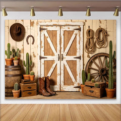 Lofaris Rustikaler Western Scheunentor Fotohintergrund mit Kakteen und Cowboyhut, Alte Holz Fotowand für Fotoshootings und Country-Events