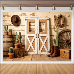 Lofaris Rustikaler Western-Scheunentor-Hintergrund mit Cowboyhut und Kakteen, Vintage Fotowand für Fotoshooting und Wildwest-Partydekoration