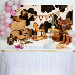 Lofaris Rustikaler Cowboy Geburtstagshintergrund für Kinderparty, Kuhfellmuster Kulisse mit Schaukelpferd und Kaktus für Fotos