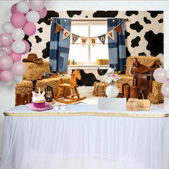 Lofaris Rustikaler Cowboyhintergrund mit Kuhfellmuster und Heuballen für Kinder, Western Fotokulisse für Fotoshooting und Partydekoration