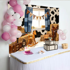 Lofaris Rustikaler Cowboyhintergrund mit Kuhfellmuster und Heuballen für Kinder, Western Fotokulisse für Fotoshooting und Partydekoration