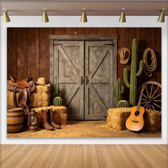 Lofaris Rustikaler Western Fotohintergrund mit Scheunentor Heu und Kakteen, Vintage Cowboy-Stil Kulisse für Fotostudio und Porträts