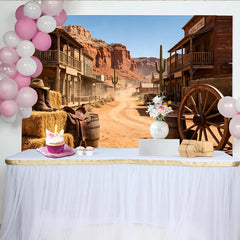 Lofaris Staubiger Westernstadt Hintergrund mit roten Felsen und Kakteen, rustikale Fotokulisse für Cowboy-Partys und Fotoshootings