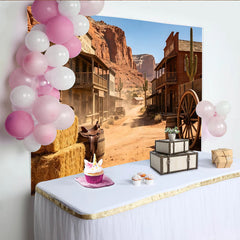 Lofaris Authentischer Western Saloon Fotohintergrund mit Kakteen und Holzgebäuden, staubige Wüstenlandschaft Kulisse für Fotoshootings