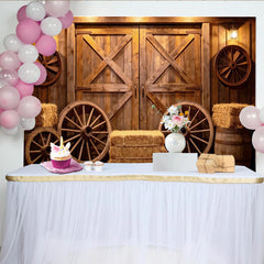 Lofaris Rustikaler Holz Scheunen-Fotohintergrund mit Wagenrädern und Heuballen, Vintage Kulisse für Western-Partys und Fotoshootings