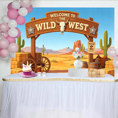 Lofaris Wildwest Wüstenlandschaft Fotohintergrund mit Kaktus Holzschild und Stierschädel, rustikale Kulisse für Cowboy Party oder Fotoshooting