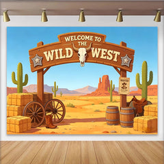 Lofaris Wildwest Wüstenlandschaft Fotohintergrund mit Kaktus Holzschild und Stierschädel, rustikale Kulisse für Cowboy Party oder Fotoshooting