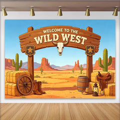 Lofaris Wildwest Fotohintergrund mit Kaktus, Cowboy-Stiefeln und Wüstenlandschaft, authentische Kulisse für Fotoshooting und Partydekoration