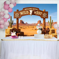 Lofaris Rustikaler Wildwest-Fotohintergrund mit Holzportal Stierschädel, Wüstenlandschaft Kulisse für Fotoshooting und Partydekoration