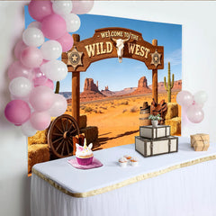 Lofaris Rustikaler Wildwest-Fotohintergrund mit Holzportal Stierschädel, Wüstenlandschaft Kulisse für Fotoshooting und Partydekoration