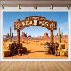 Lofaris Rustikaler Wildwest-Fotohintergrund mit Holzportal Stierschädel, Wüstenlandschaft Kulisse für Fotoshooting und Partydekoration