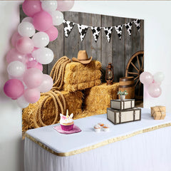 Lofaris Rustikaler Western Bauernhof Hintergrund mit Heuballen und Cowboyhut, Kuhflecken Fotowand für Fotoshooting und Partydekoration