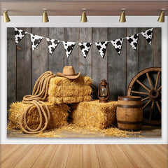 Lofaris Rustikaler Western Bauernhof Hintergrund mit Heuballen und Cowboyhut, Kuhflecken Fotowand für Fotoshooting und Partydekoration