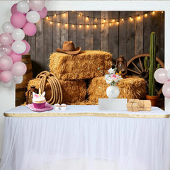 Lofaris Rustikaler Western Fotohintergrund mit Heuballen und Lichterkette, perfekte Kulisse für Country-Party oder professionelles Fotoshooting