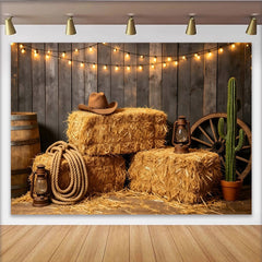 Lofaris Rustikaler Western Fotohintergrund mit Heuballen und Lichterkette, perfekte Kulisse für Country-Party oder professionelles Fotoshooting