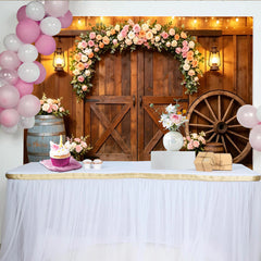 Lofaris Romantischer Blumenbogen Scheunentor Fotohintergrund für Hochzeit, rustikale Holzkulisse mit Lichterketten für Fotoshooting Events