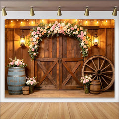 Lofaris Romantischer Blumenbogen Scheunentor Fotohintergrund für Hochzeit, rustikale Holzkulisse mit Lichterketten für Fotoshooting Events